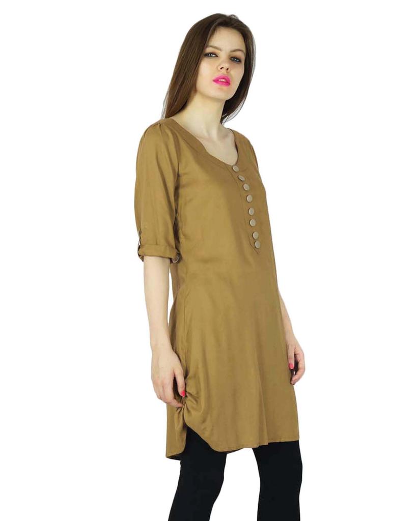 Phagun Designer Indian Kurta Casual Women Brown Solid Kurti Rayon Top Tunic