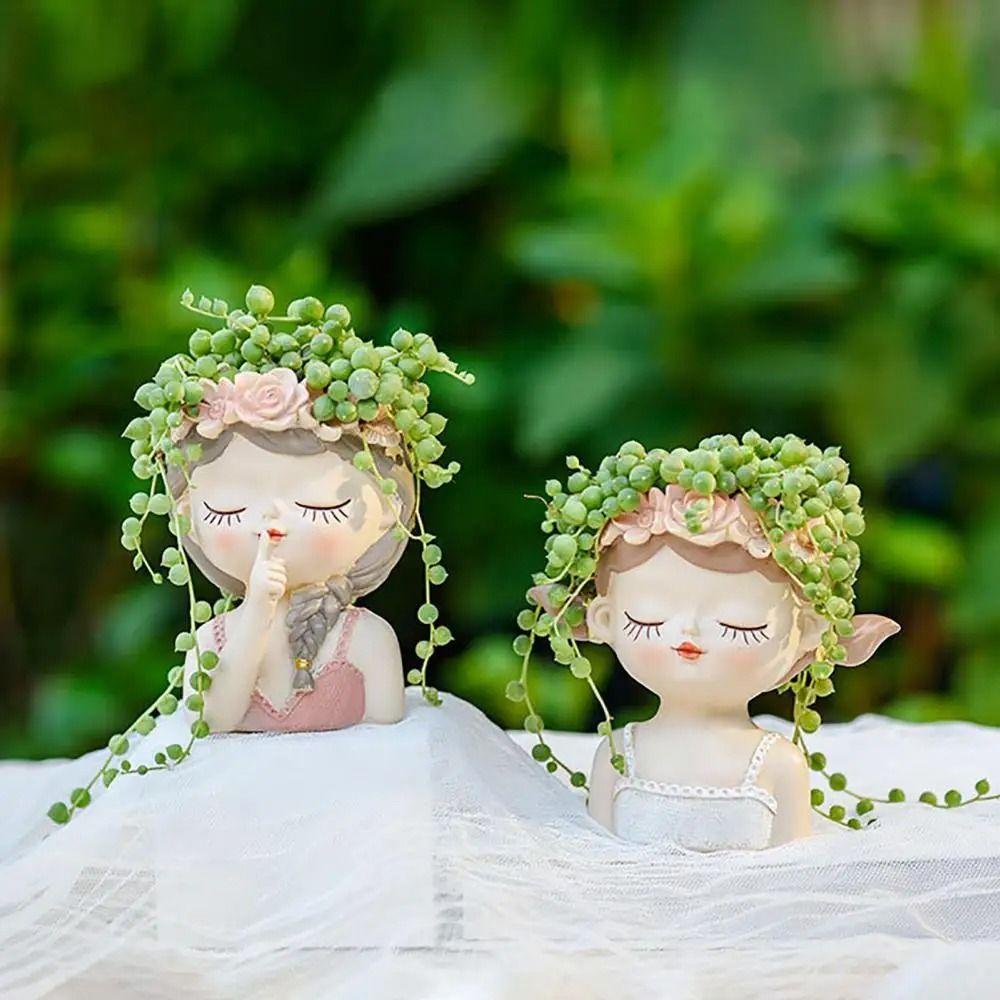 Resin Girl Decorative Planters Drainage Hole Succulent Cactus Planter Pot Office Decoration
