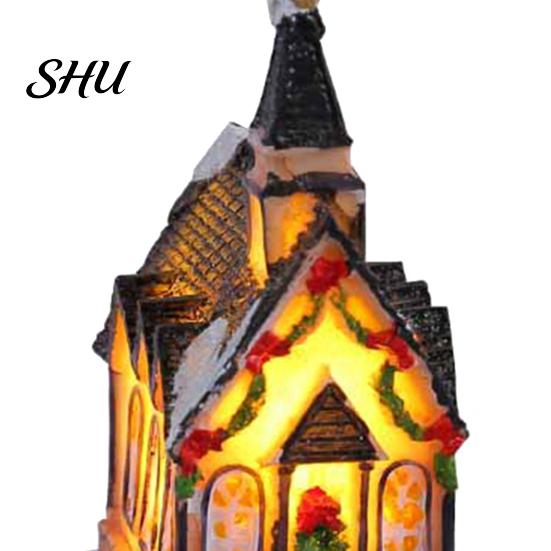 Desktop Christmas House Ornament Glowing Romantic Warm Lighting Resin Craft Small Glow LED Snow Covered Decoration Figurine Statue Party Festival Gift