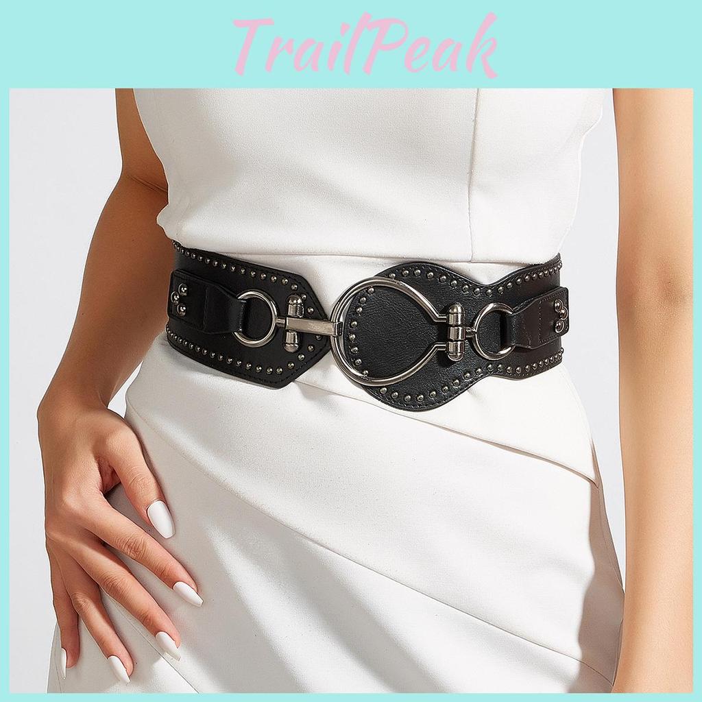 Fashion Solid Color Large Circular Buckle And Rivet Design Wide Waistband For Women