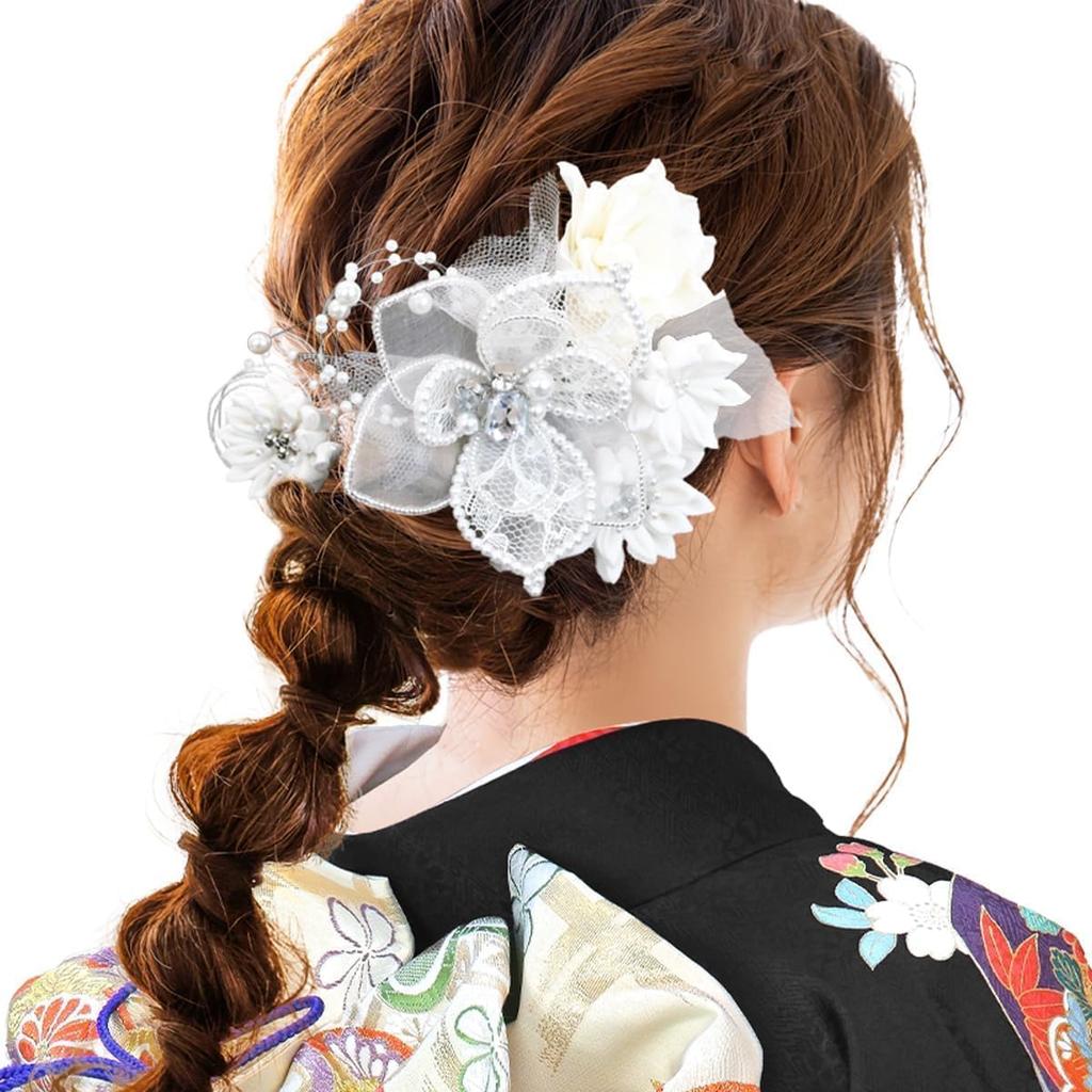 hair accessory set for furisode white lace and perfect for and other Japanese or including visiting and other stylish kimonos Two-piece coming-of-age