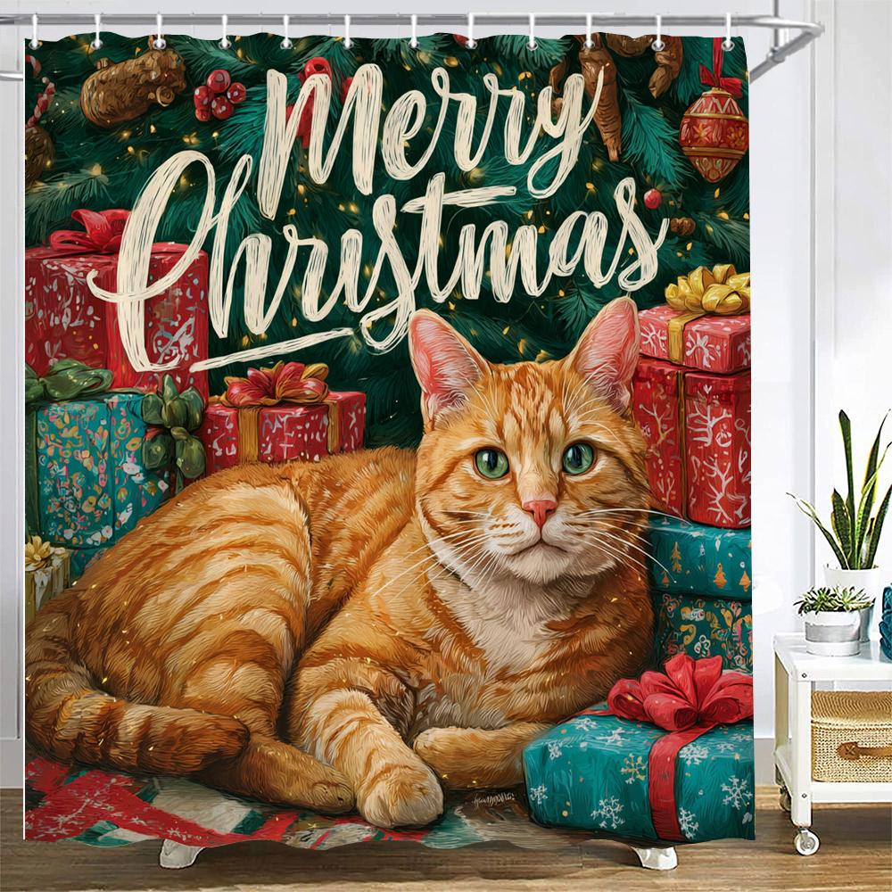 Merry Christmas Shower Curtain Christmas cat and dog Santa Claus Shower Curtains Xmas Printed fabric Decor Bathroom Curtain