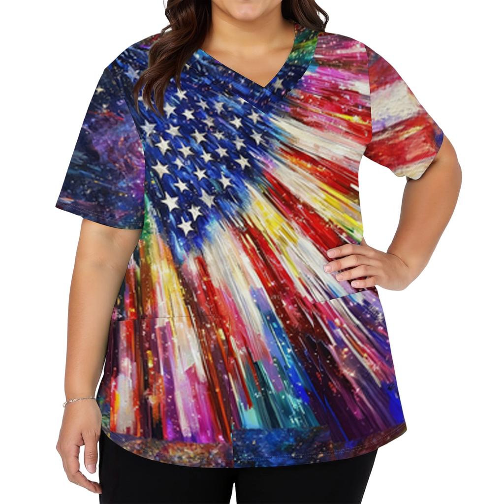 Women's Fashionable Casual Independence Day American Flag And Stars Print V-neck Short-Sleeved Work Shirt With Double Side Slits And Pockets