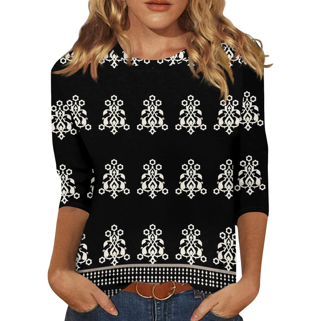 Koszule z rękawami 3/4 dla kobiet Śliczne nadruki Koszulki z nadrukami Bluzki Casual Plus Size Podstawowe topy Pulower