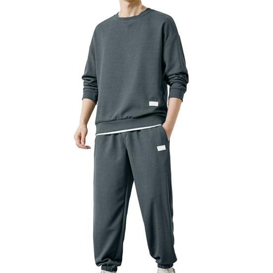 2 stk/sett Herre Uformell sportsdrakt Vaffeltekstur O-hals Langermet genser Elastiske midjelommer Joggerbuksesett Loose Fit genserdress