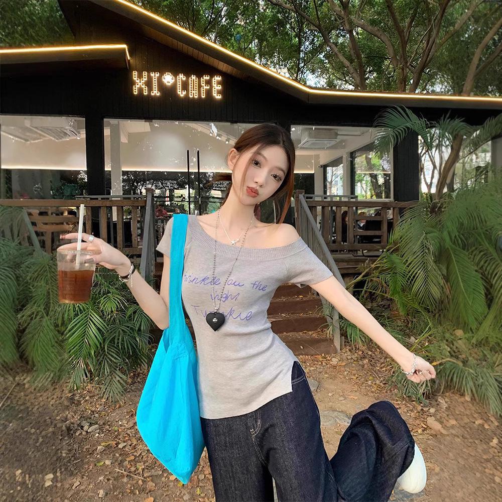 Modal Off-Shoulder Buchstabenprint Kurzarm Damen Schlankmachendes Sommeroberteil