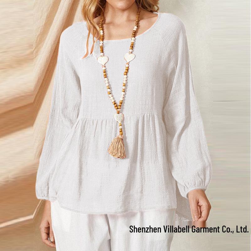 Women's Plus Size Babydoll Top with Loose Lantern Sleeves in Faux Cotton Linen