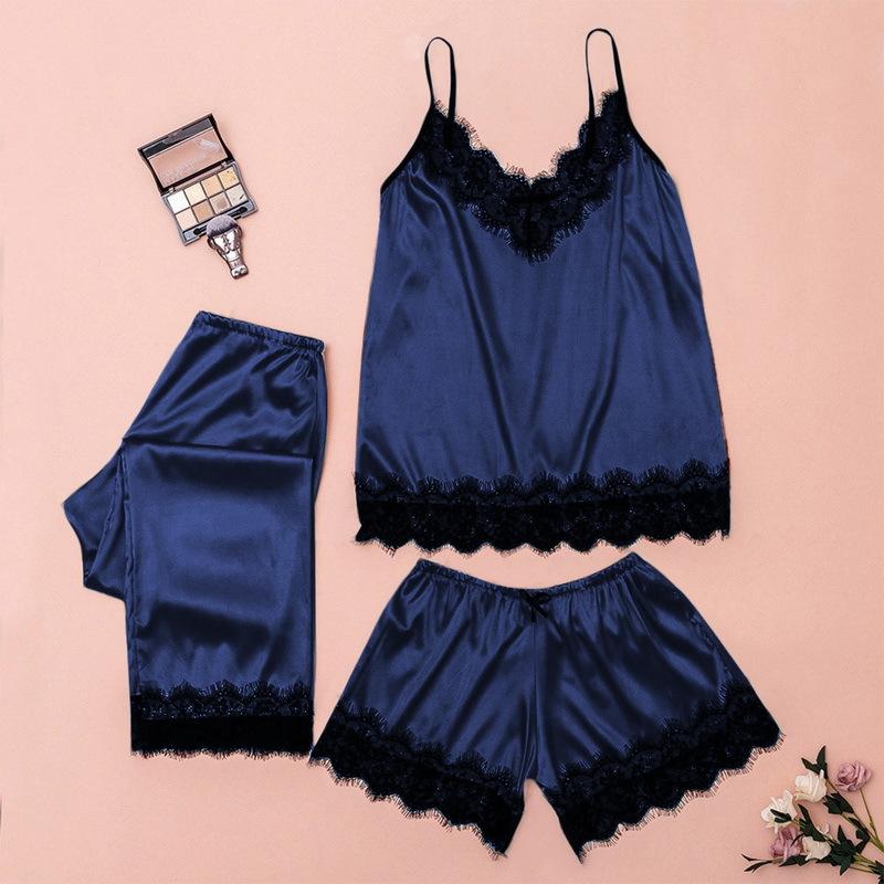 Women's Satin Pajama Set Lace Trimmed Pajamas V Neck Camisole Shorts Trousers Summer Home Wear 3 Piece Pajamas Home Wear Set
