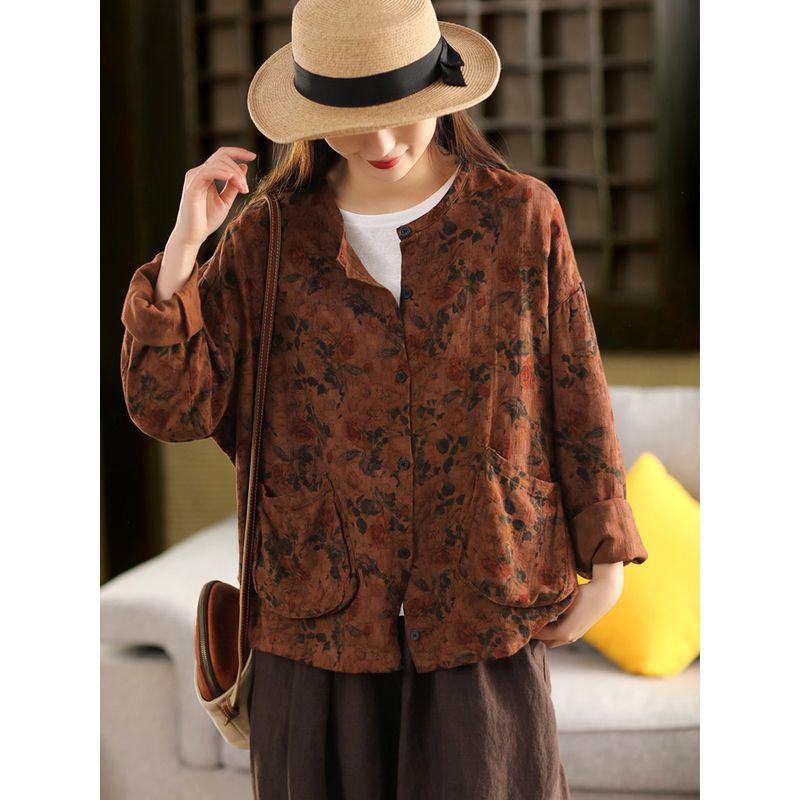 

Garden Beauty Clothes Retro Fried Color Print Hemp Cotton Outerwear Women Artistic Single-Breasted round Neck Long sleeve Cardigan Outdoor Top Orange One size(Within the recommended 75.00kg)