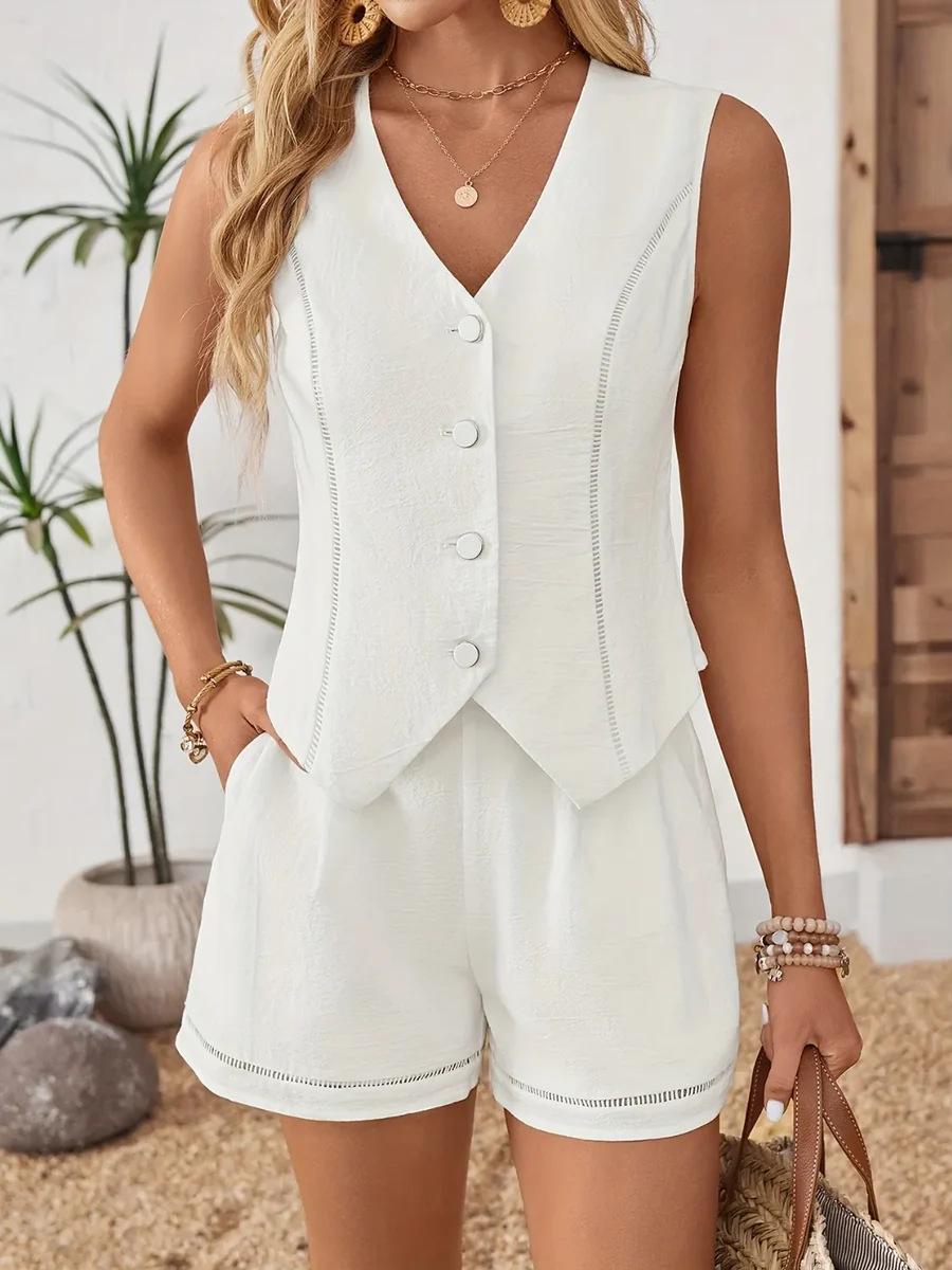 European and American cross-border 2026 summer new women s V-neck sleeveless vest cardigan top with summer vest shorts set S белый
