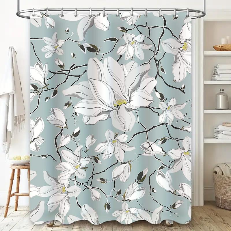 Delicate White Flower Pattern Shower Curtain Bathroom Decor Waterproof Fabric Perfect Addition For Your Bath Space (Green)