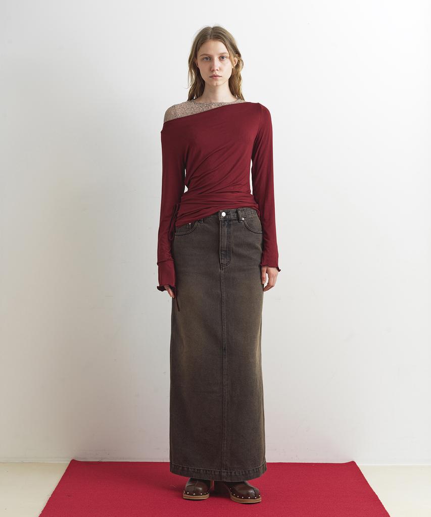 Aobteu Denim Long Skirt - Brown