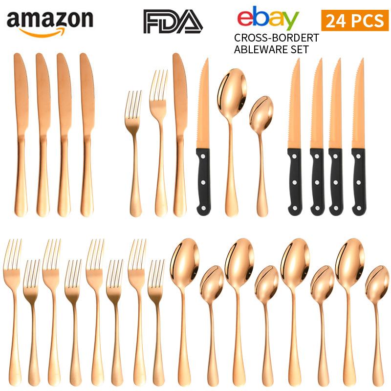 

Столовые приборы из нержавеющей стали 1010, набор из 24 позолоченных столовых приборов для западного стейка в подарочной коробке 24set розового золота