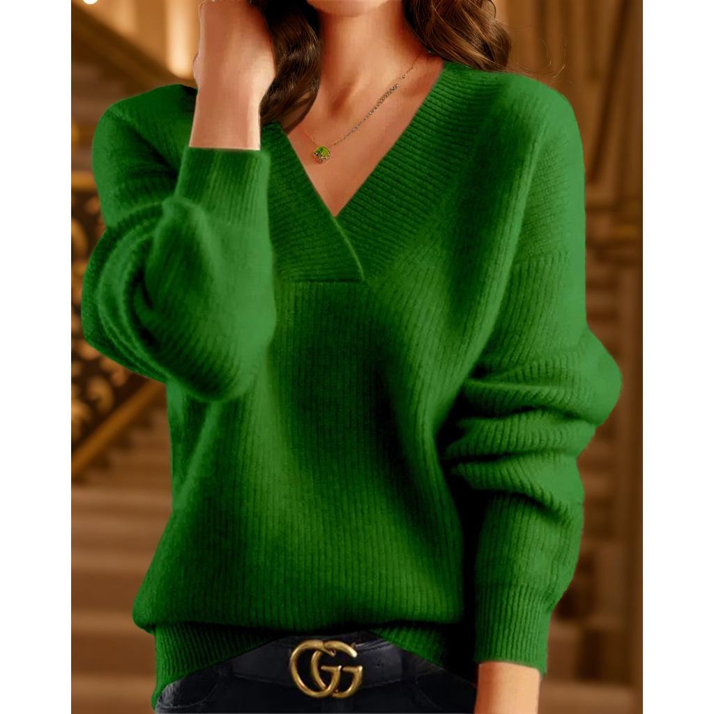 2024 Autumn/Winter Women's V-Neck Solid Color Knit Top: Multicolor Pullover Sweater