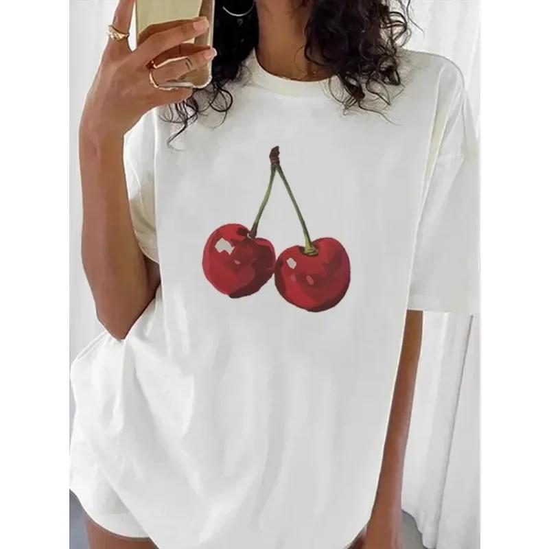 

Womens Tshirt Summer Breathable Short Sleeved Cherry Pattern Printed Tshirt Fruit Harajuku Cherries Fashion Aesthetic Clothes S