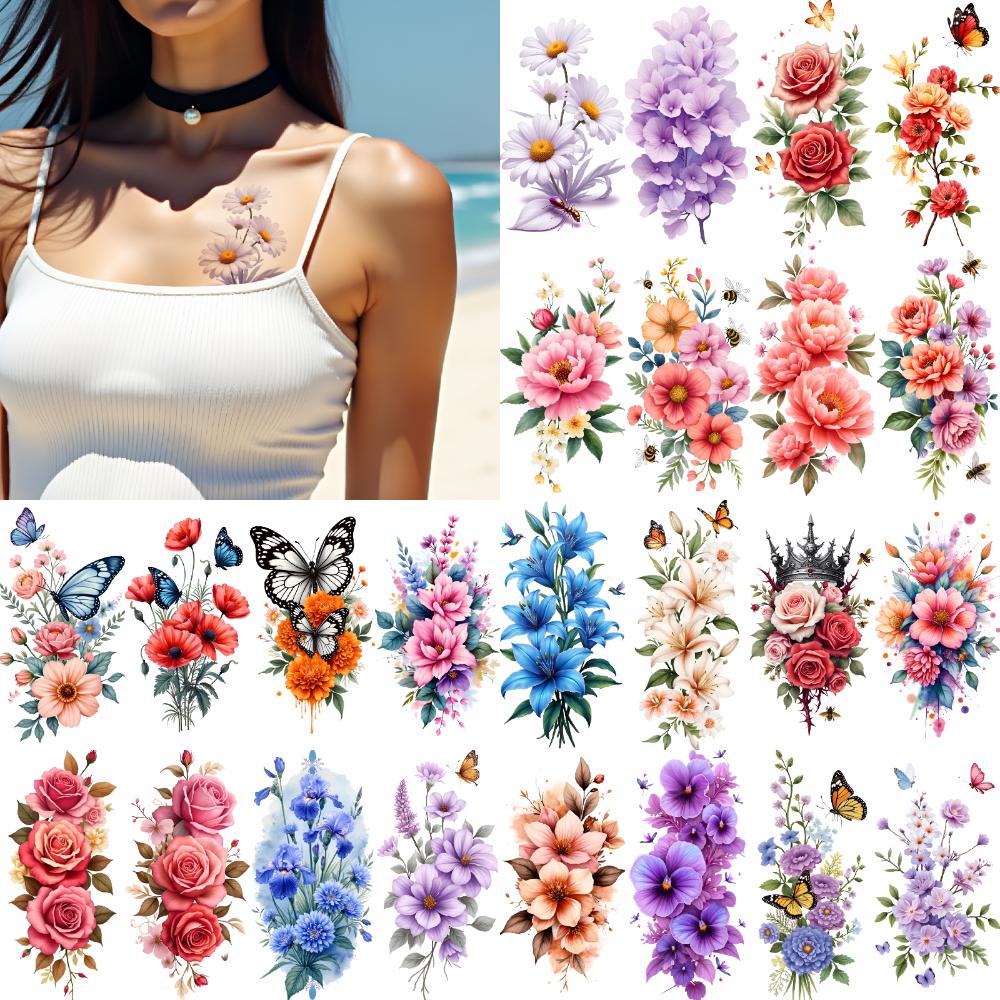 9 pièces Tatouages Temporaires Floraux Jetables Autocollants Tatouage Fleur Temporaire Femmes Fille Art Corporel Cosplay Fête Tatouage Coloré