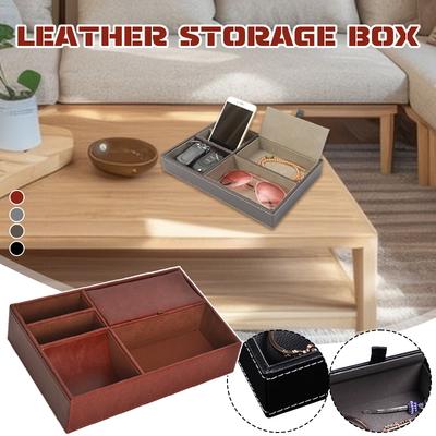 Faux Leather Men's Valet Tray with 5 Compartments Tray Organizer Durable Nightstand Organizer Dresser Box for Keys Wallet Glasse