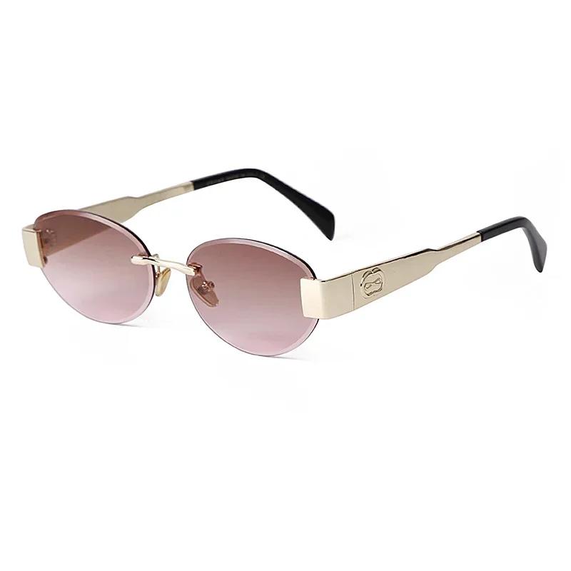 

Роскошные женские безободковые овальные солнцезащитные очки с металлической оправой, брендовый дизайн, коричневые солнцезащитные очки, мужские классические безободковые круглые очки as picture