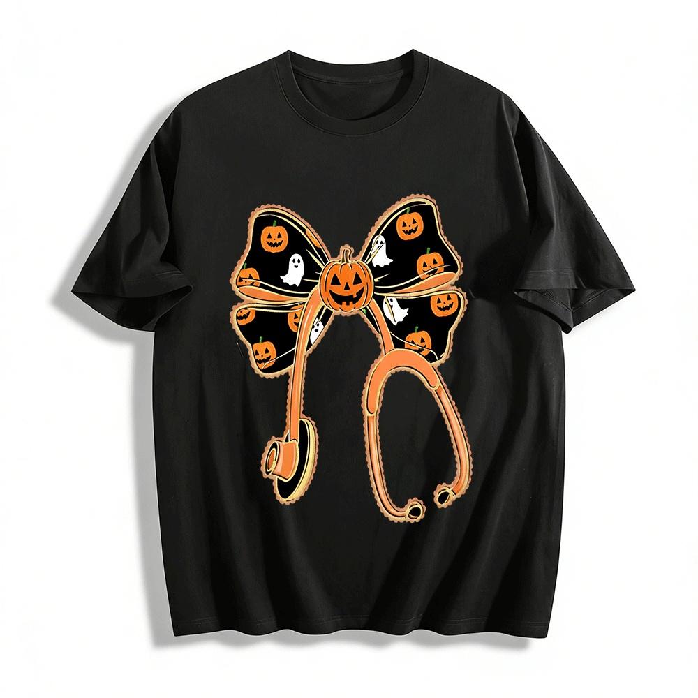 Halloween Stethoscope Bow Print Medical Themed Casual Top Pure cotton T-shirt XXS