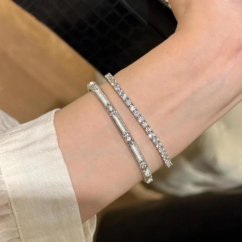silver  Vintage simple style sunflower Brushed bracelet for women inlay diamonds light luxury bangles wedding  gift