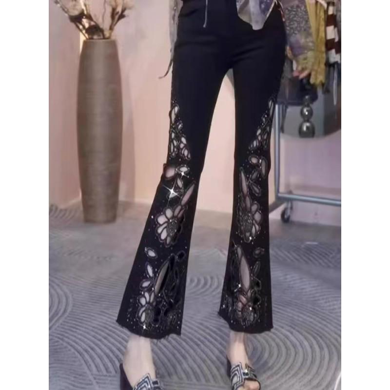 2026 Womens High-Waist Cropped Flare Jeans With Embroidery Cutouts Rhinestone Detail