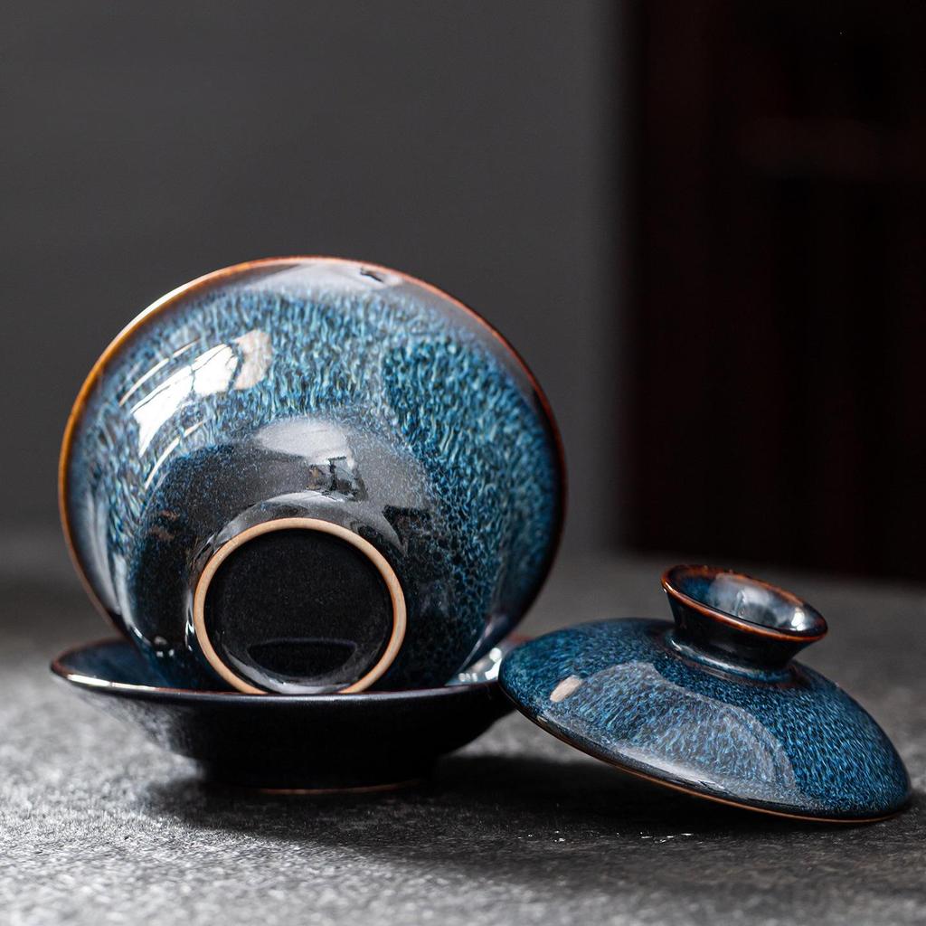 Large Kiln-fired Jianzhan Tenmoku Glaze Gaiwan Tea Cup with Lid - Ceramic Gongfu Tea Set for Home Use