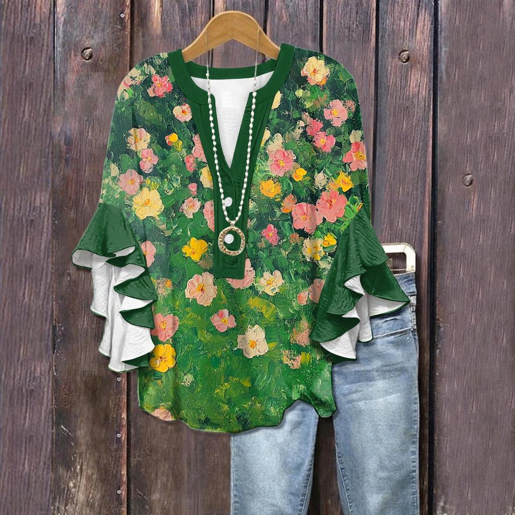 Summer Tops For Women Cute V Neck 3/4 Sleeve Blouses Floral Print Top Casual Shirts