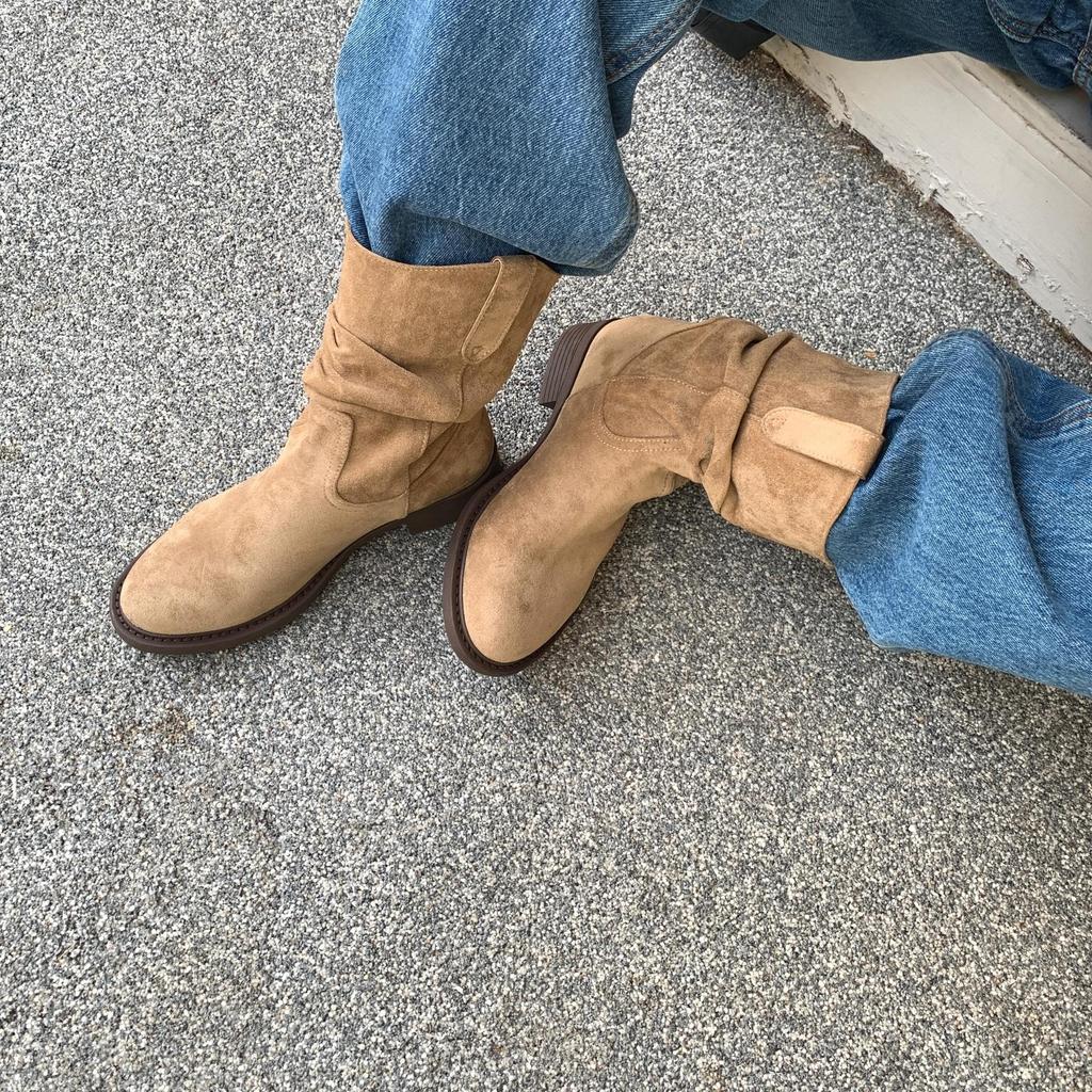 Skinny Low Heel Medium Boots Women's Shoes 2025 Spring and Autumn Single Boots Western Cowboy Pile Short Boots Coarse Heel Martin Boots