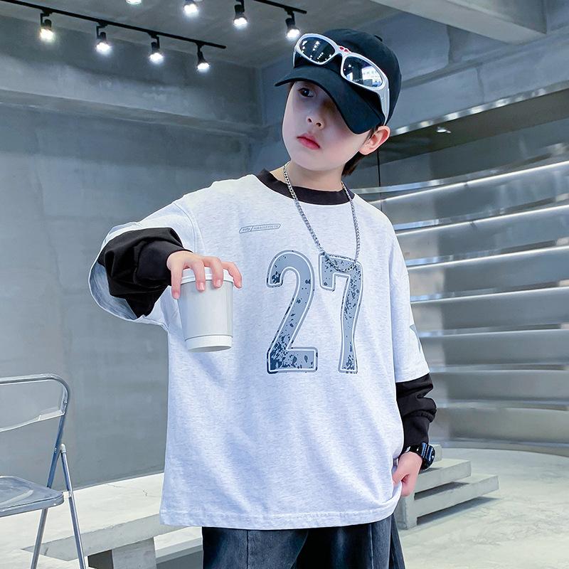 

Футболки для мальчиков Fake Two Base 2025 Весна и осень Детская футболка с длинным рукавом из чистого хлопка 170cm