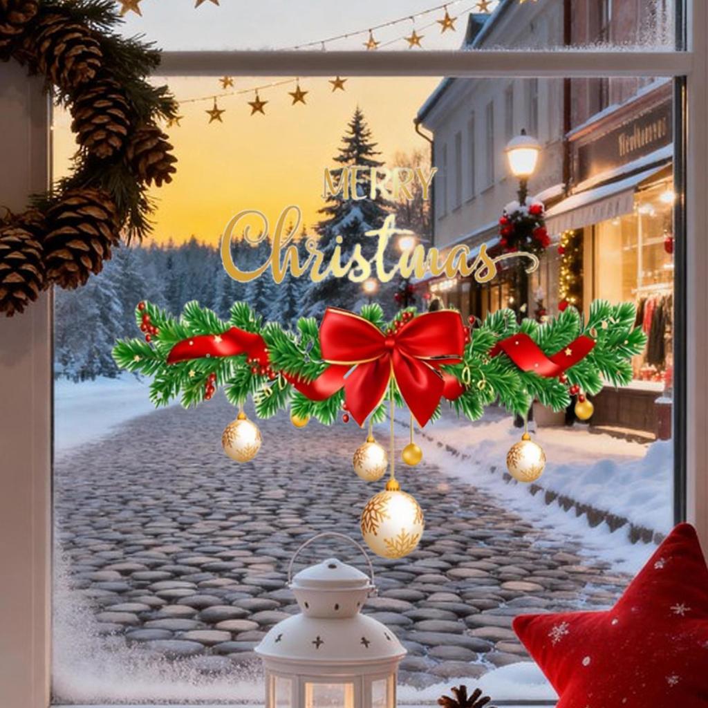 Christmas Wreath Decals Window Sticker Easy to Removal Celebration Wall Clings for Bar