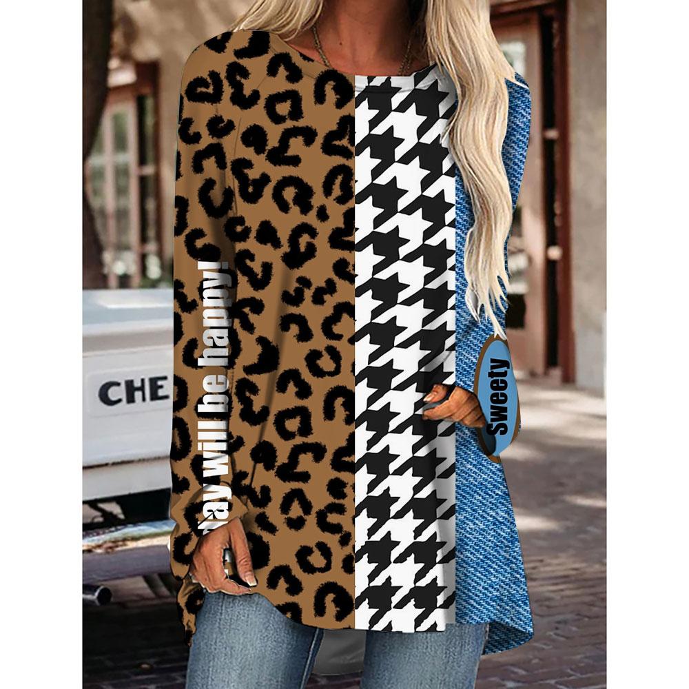 Women's Striped Leopard T-Shirt Girls Party Clothing Loose Autumn Winter Long T-Shirt Tops Tees