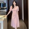 New Elegant Pleated Mid Length Dress Square Neckline with Puff Sleeves A Line Dress Waist Cinching Flowing Casual Dress Suitable for Workplace Office