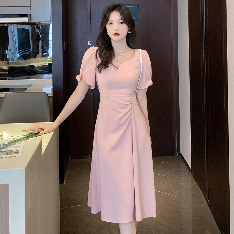 New Elegant Pleated Mid Length Dress Square Neckline with Puff Sleeves A Line Dress Waist Cinching Flowing Casual Dress Suitable for Workplace Office