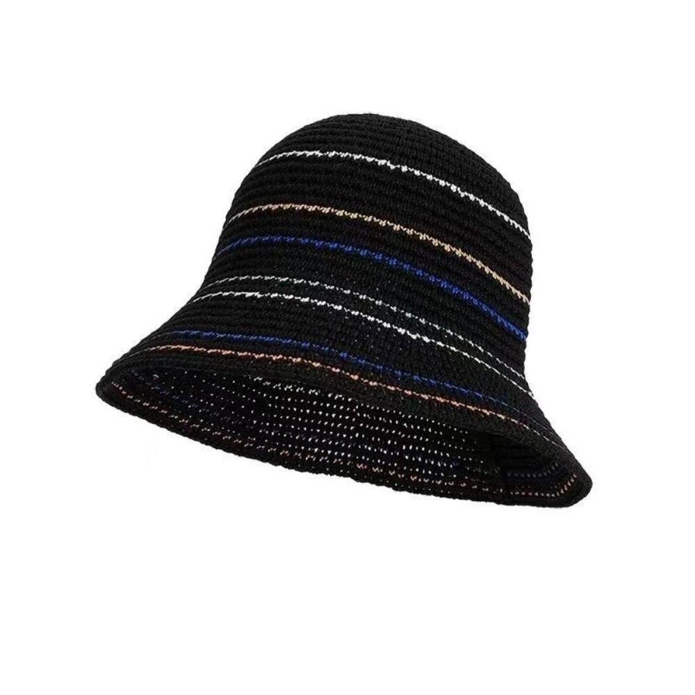 Color-Blocked Striped Knitted Hollow Fisherman Hat Vintage Style Bucket Sun Hat  Beach
