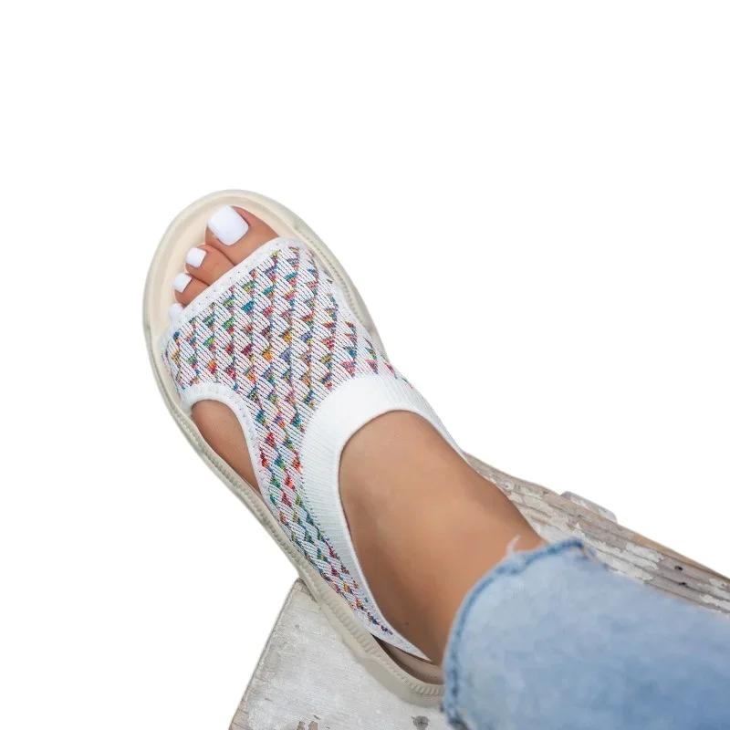 

Модная женская обувь 2025 Вязаные сандалии на платформе Женские летние модные сандалии Смешанные цвета Слипоны На плоской подошве Большой размер Повседневные сандалии Женские 42 белый