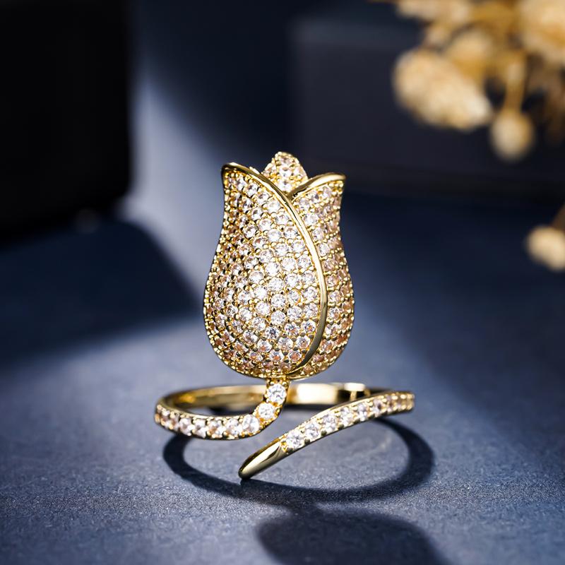 Huitan Tulip Shaped Women Opening Ring Aesthetic Flower Design Elegant Party Engagement Accessories Trendy Jewelry Full Shiny CZ