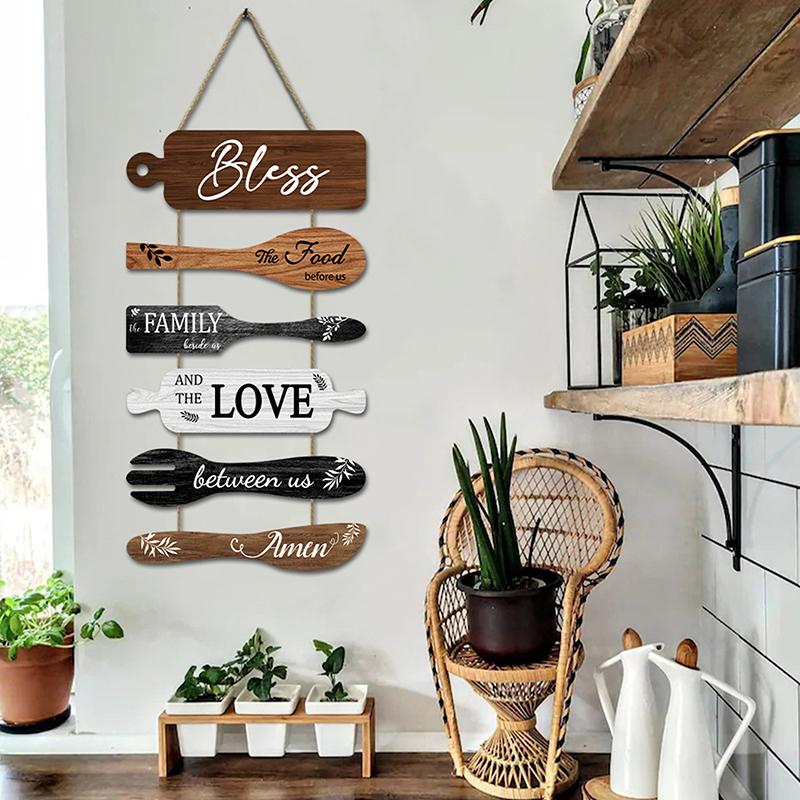 Bless The Food Before Us Farmhouse Wall Decor Collage Wall Art Wooden Rustic 6Pcs Roped Sign Large Wall Hanging Sign