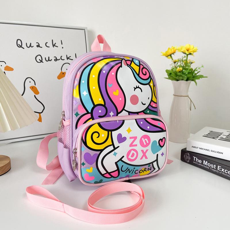 

Canvas Kids School Backpack With Car And Unicorn Prints For Boys Girls And Light Purple Unicorn