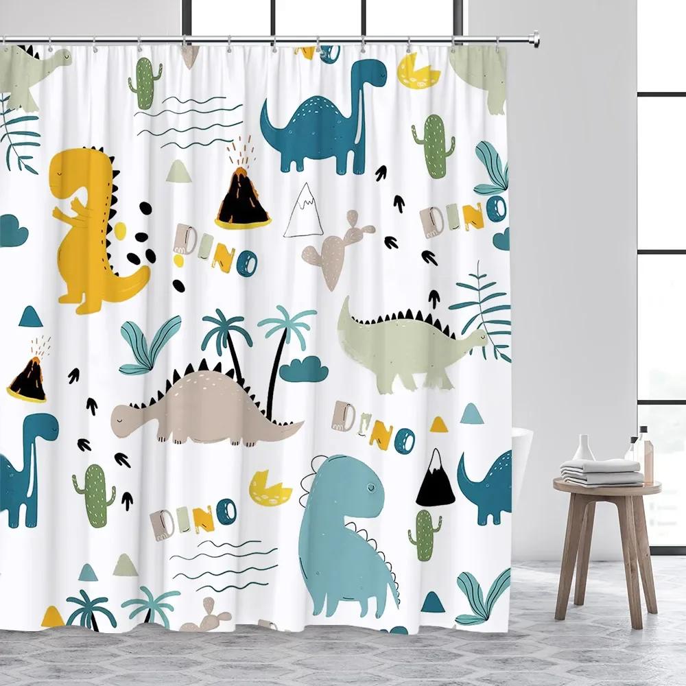 Funny Cartoon Dogs Shower Curtain Cute Dinosaur Tropical Fish Animals Footprints Kids Bath Curtains Polyester Bathroom Decor Set