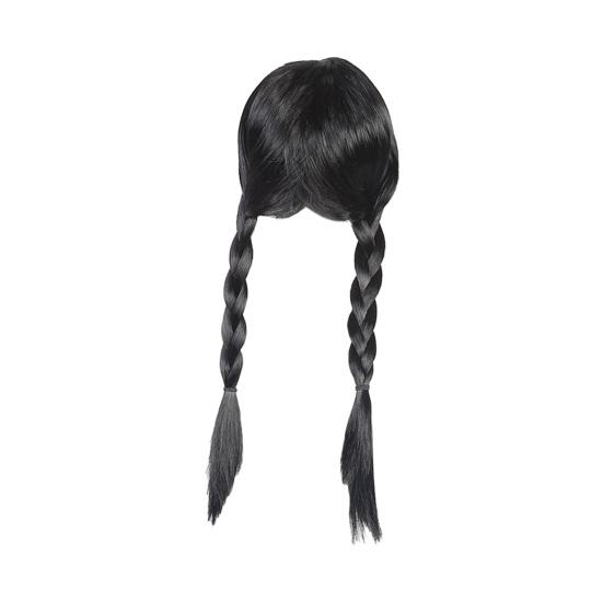 Women Black Double Braided Wig with Bangs Fluffy Natural Silky High Temperature Fiber Girls Long Dual Braids Synthetic Hair