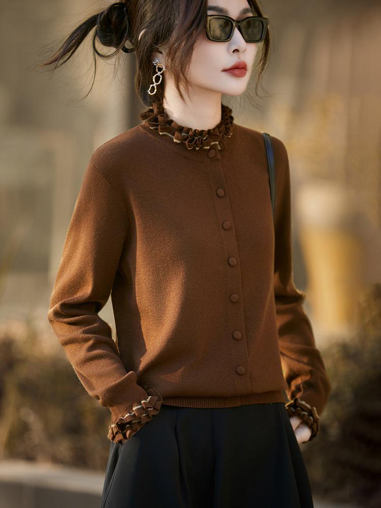 French Wool Knit Cardigan with Faux Two-Piece Design - Women's Autumn/Winter Outerwear Sweater