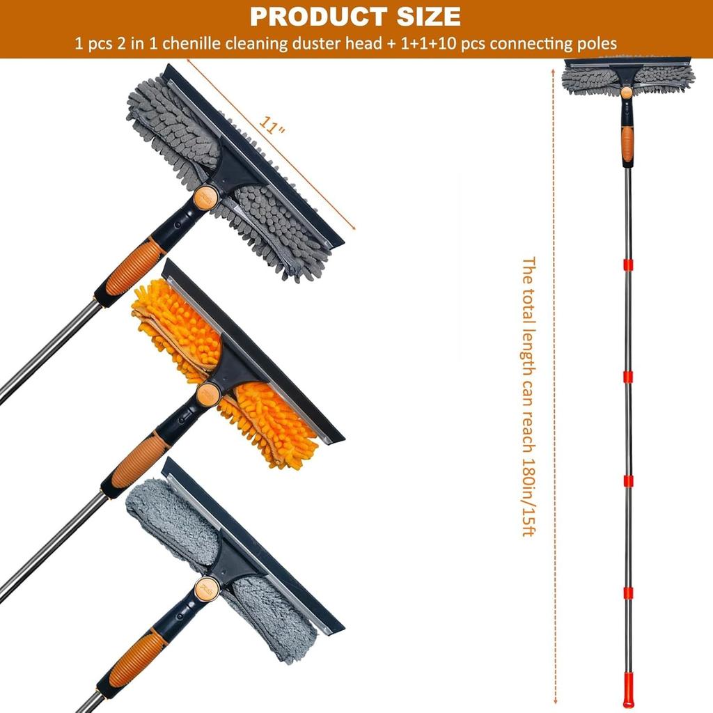 2-in-1 Window Cleaner with Squeegee and Duster, Over 6m Reach - Rotating Tool with 0.9-4.2m Telescopic Pole, for Windows and Car Glass