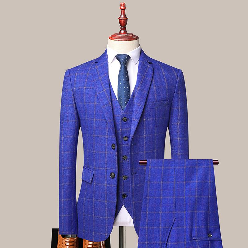 Men's Three-pieces Fashion Plaid Slim Business Party Formal Elegant Blazer Sets (Jacket+Pants+Vest) Prom Wedding Groom