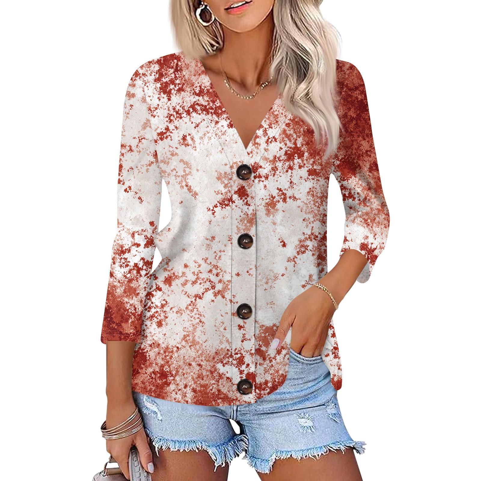 

Женская модная повседневная рубашка на пуговицах с принтом, топ с рукавами 3/4 XL киноварь