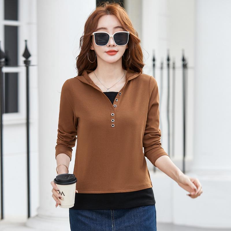 

9882#Весенняя Новая Толстовка с Длинным Рукавом Женская Хлопковая с Капюшоном на Пуговицах Корейский Модный Трикотажный Хлопковый Топ в Стиле Двойки XXL кофейный