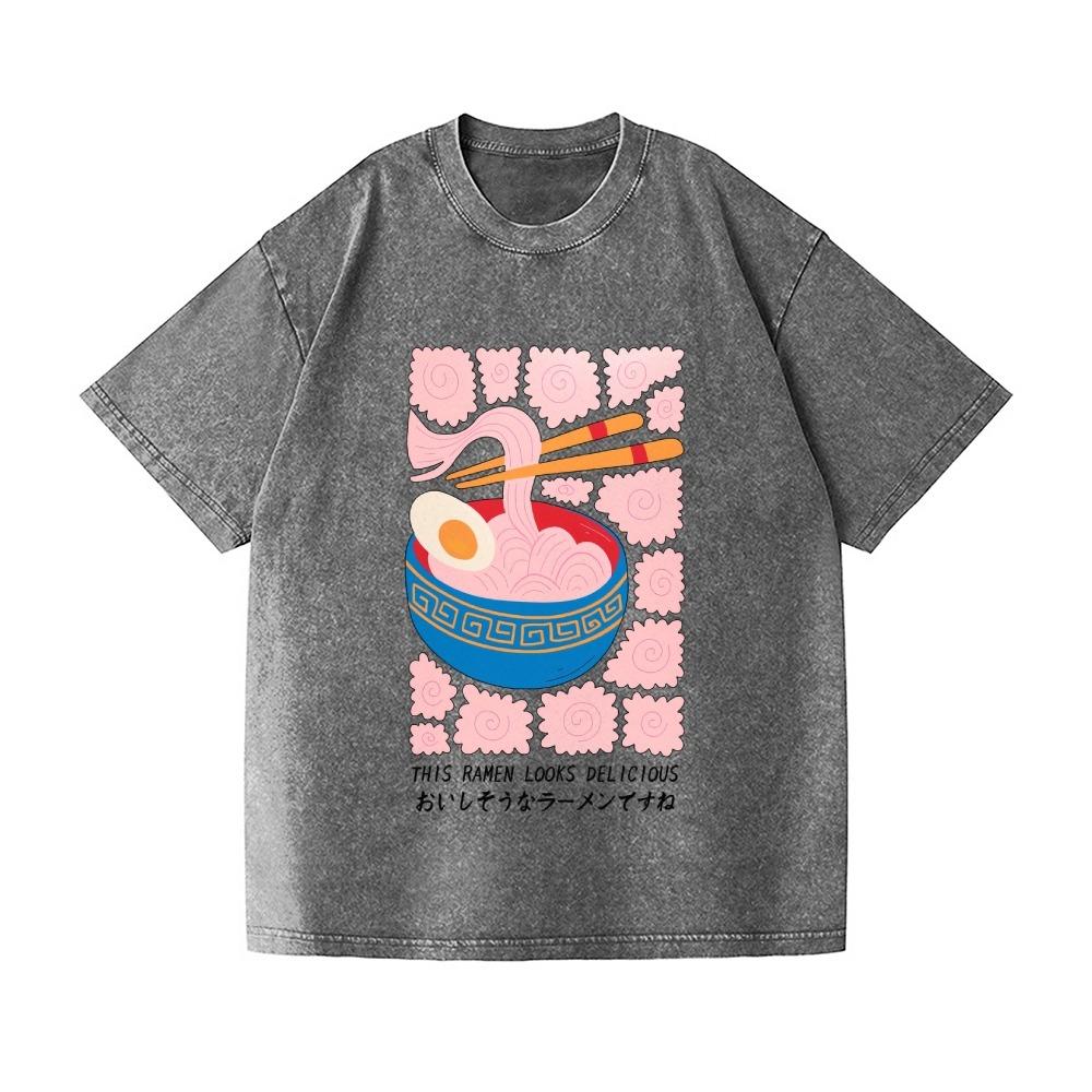 Vintage Cotton Washed T-Shirt Fashion Ramen Printed Summer Dropped Shoulder Harajuku Sports Tees Oversized Crew Neck Tunics