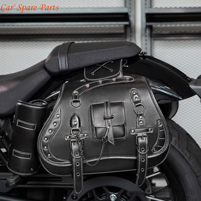 Y4UA 1 Pair Leather Side Bag Waterproof Travel Luggage Storage Bag Motorcycle Tool Bag Over Saddlebag Punk Saddlebag