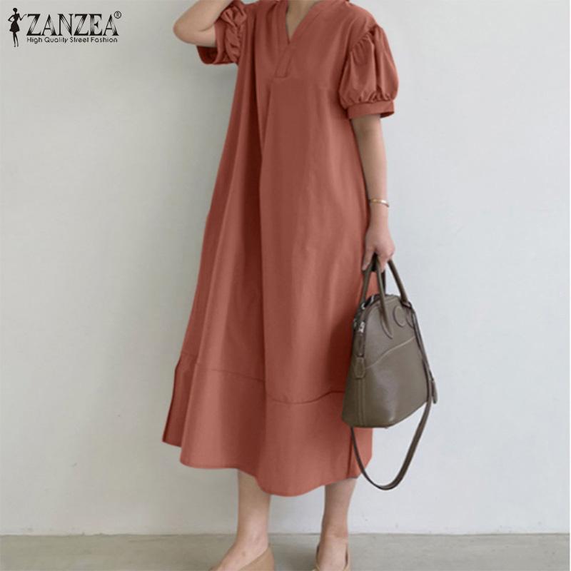 ZANZEA Women Summer V-Neck Short Sleeve Long Dress