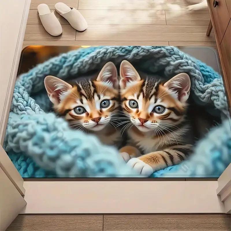 Cute Cat Couple Print Doormat Soft Non-Slip Floor Mat Lovely Kitten Home Decor Rug for Bedroom Welcome Carpet