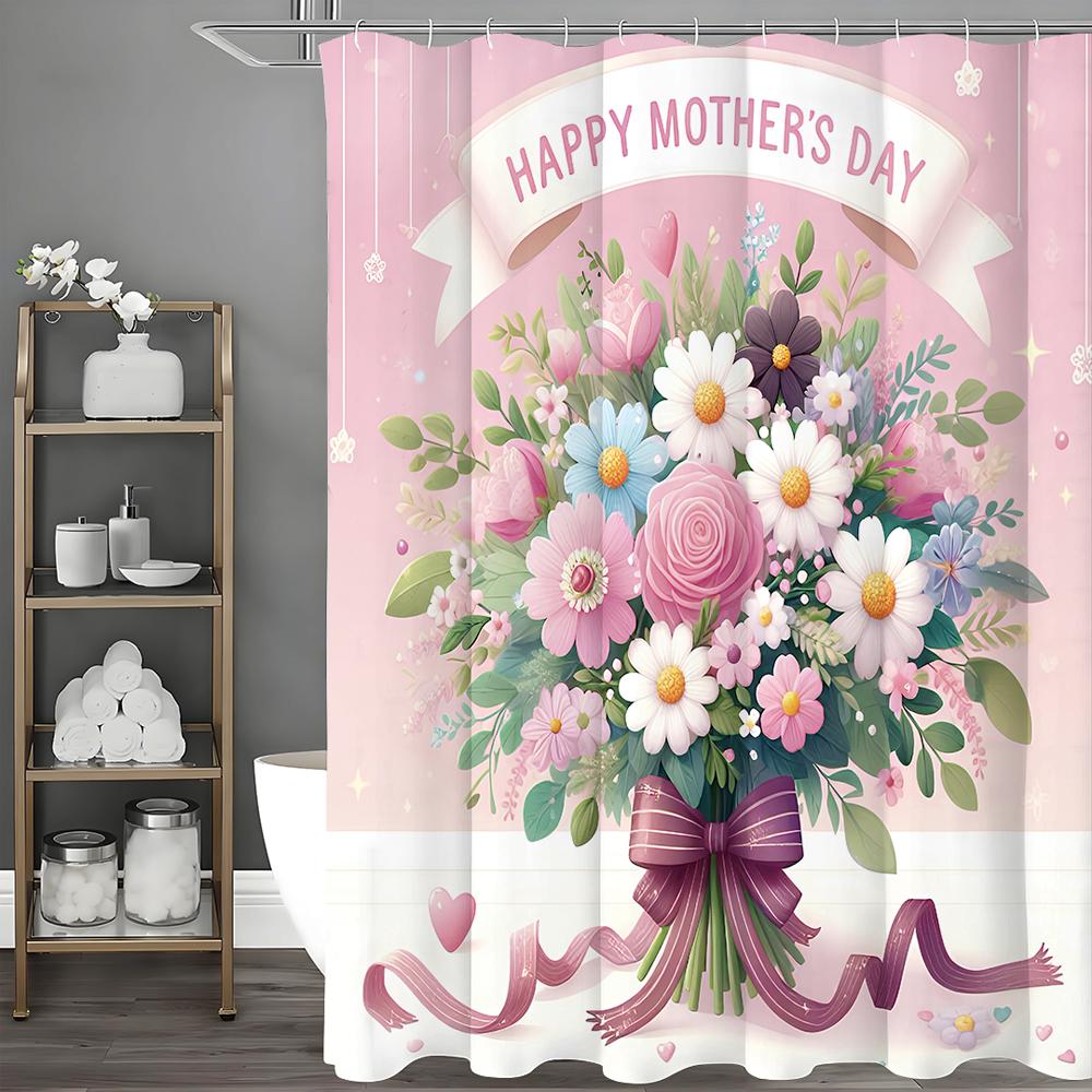 Happy Mother's Day Bouquet Pink Shower Curtain, Bathroom Decorative Shower Curtain, Waterproof Shower Curtain with Hooks